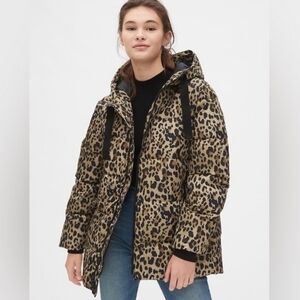 Lk New GAP Oversized Leopard Print Puffer Coat Jacket Cold Control Max XS